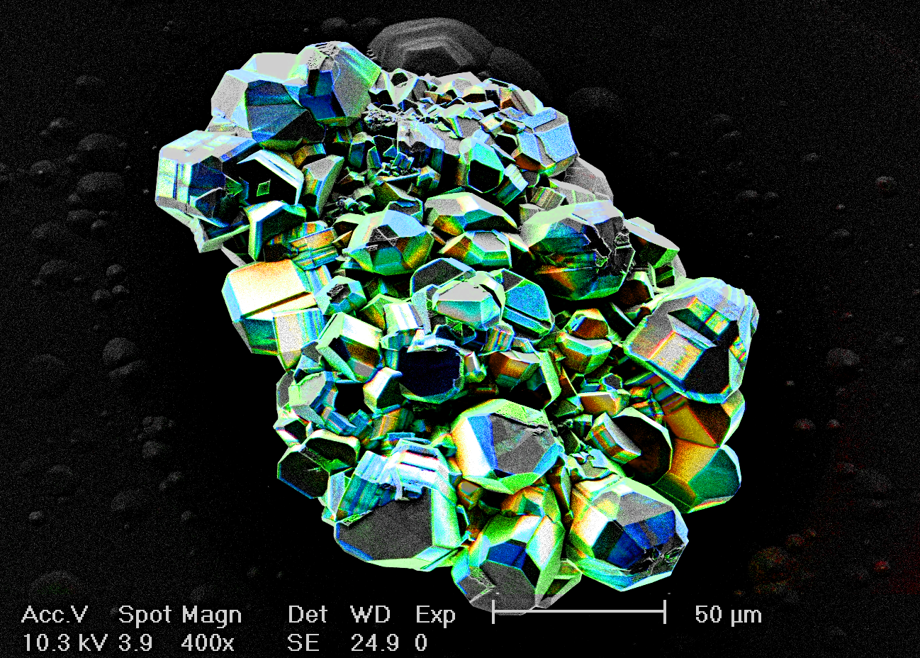 InGaN crystal
imaged in SEM + CL mode (Wikimedia)